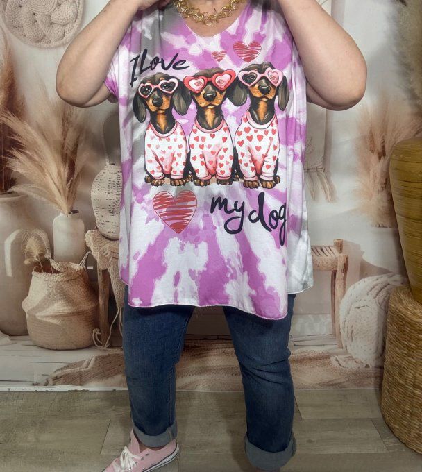 Top fin ample Tie & Dye Violine Gris I love my Dogs Teckels du 42 au 54/56 