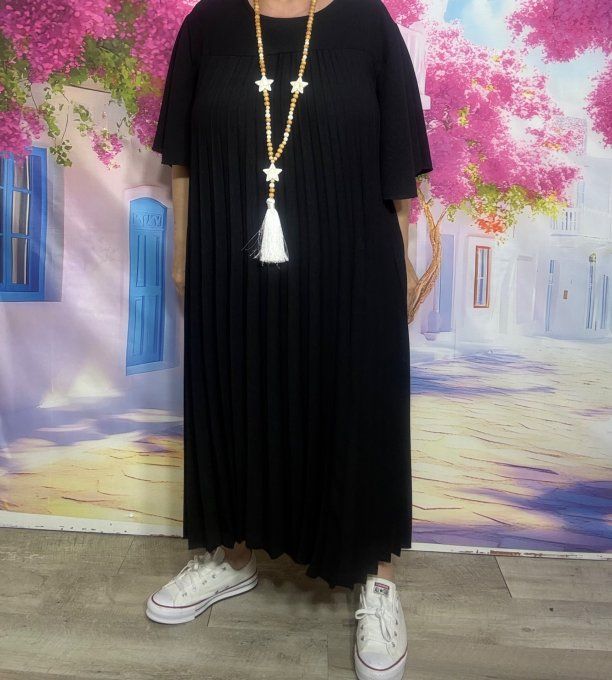 Robe longue plissée noire manches courtes volantées légèreté ++++ du 40 au 52/54 