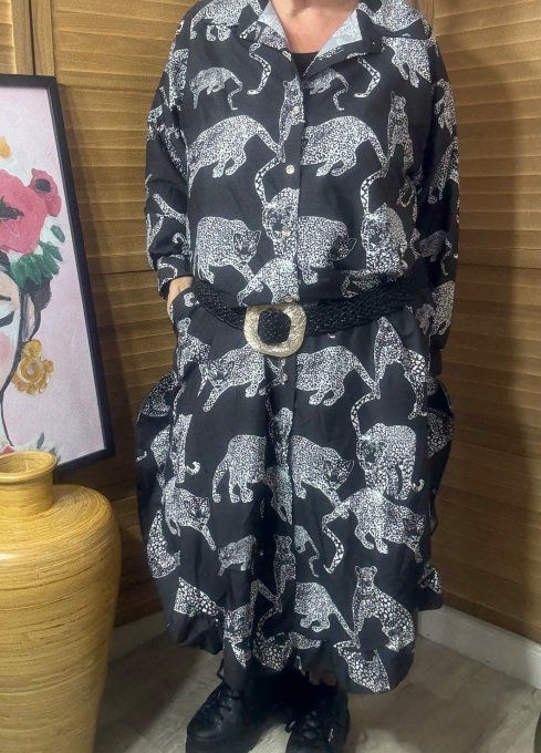 Robe-chemise longue noire volantées Panthères grises du 40 au 50/52 