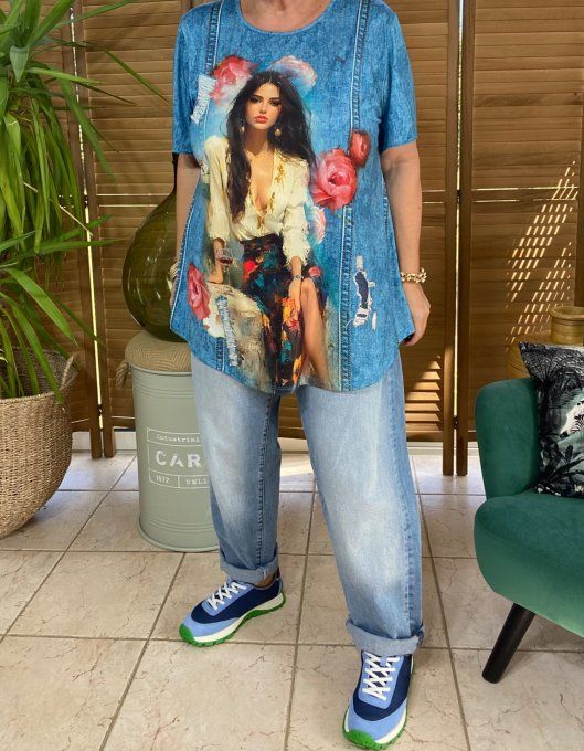 Top fluide trapèze effet jeans délavé La Fillette aux Roses du 38 au 50/52