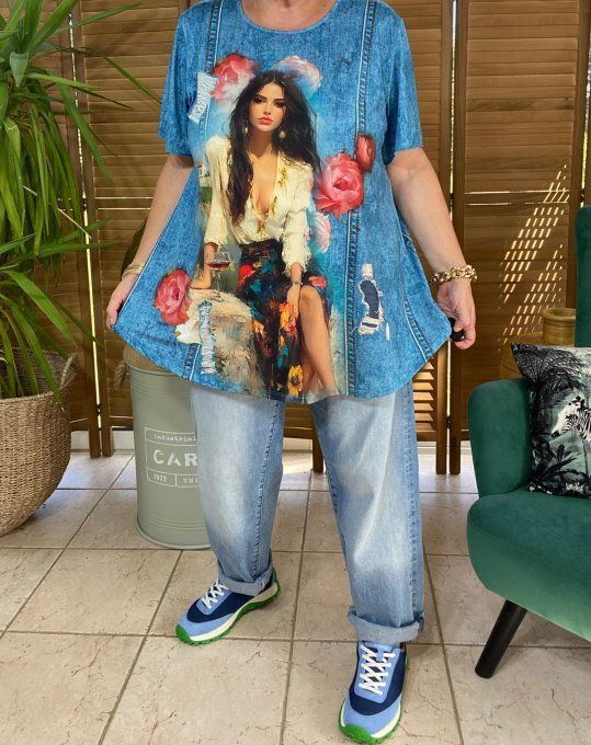 Top fluide trapèze effet jeans délavé La Fillette aux Roses du 38 au 50/52