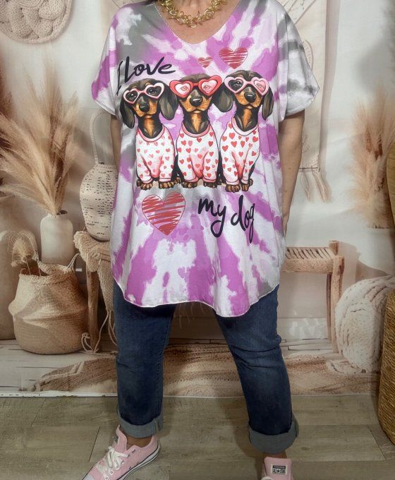 Top fin ample Tie & Dye Violine Gris I love my Dogs Teckels du 42 au 54/56 