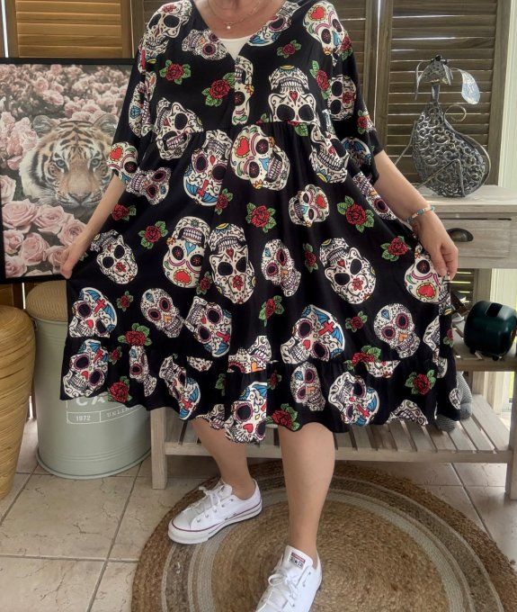 Robe trapèze courte noire Mexican Skulls Calaveras du 40 au 52  