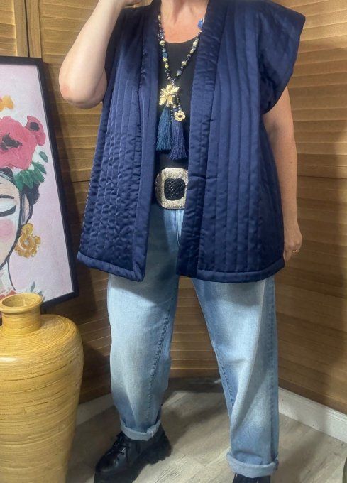 Veste courte sans manches matelassée satinée marine + ceinture du 36 au 50 et même + 