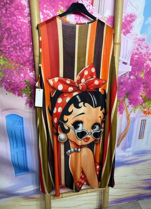 Robe trapèze débardeur lycra rayé Kaki orange choco Betty Boop du 38 au 48/50