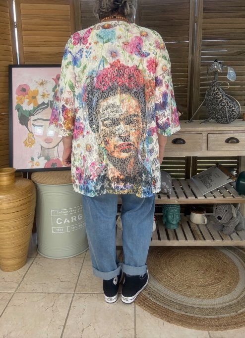 Veste en dentelle blanche étoiles & Fleurs multicolores Frida Kahlo du 36 au 48 et même +  
