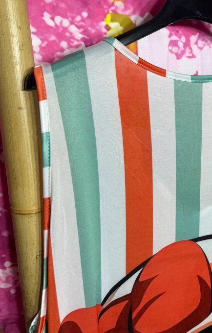 Robe trapèze débardeur lycra rayé blanc vert d'eau orangé Betty Boop du 38 au 48/50