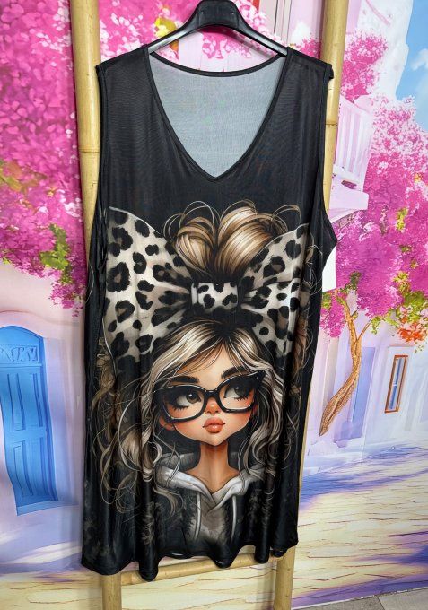 Robe trapèze débardeur lycra noir L'adorable Fillette au noeud Léopard du 38 au 48/50