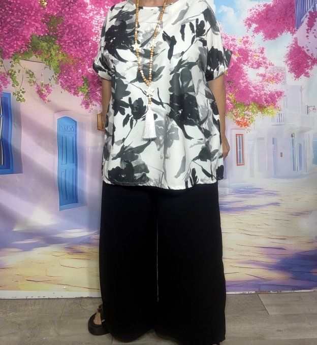 Ensemble floral noir et blanc tunique ample + pantalon palazzo cuisses larges du 44 au 50
