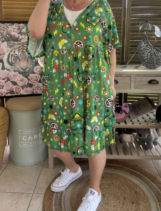 Robe trapèze courte verte Summer Vibes Peace & Love du 40 au 52  
