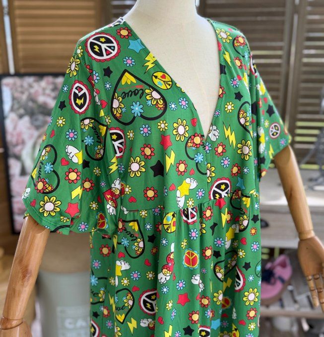 Robe trapèze courte verte Summer Vibes Peace & Love du 40 au 52  