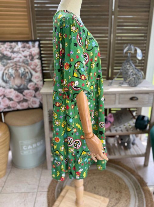 Robe trapèze courte verte Summer Vibes Peace & Love du 40 au 52  