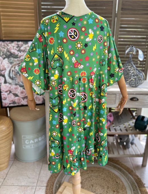Robe trapèze courte verte Summer Vibes Peace & Love du 40 au 52  