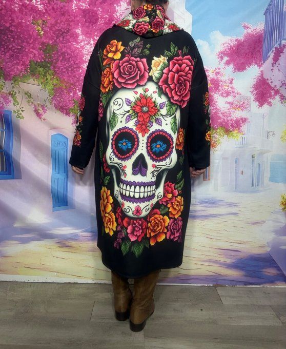 Robe-sweat à capuche mi-longue ample noire Mexican Skulls Calavera confort +++ du 42 au 52/54