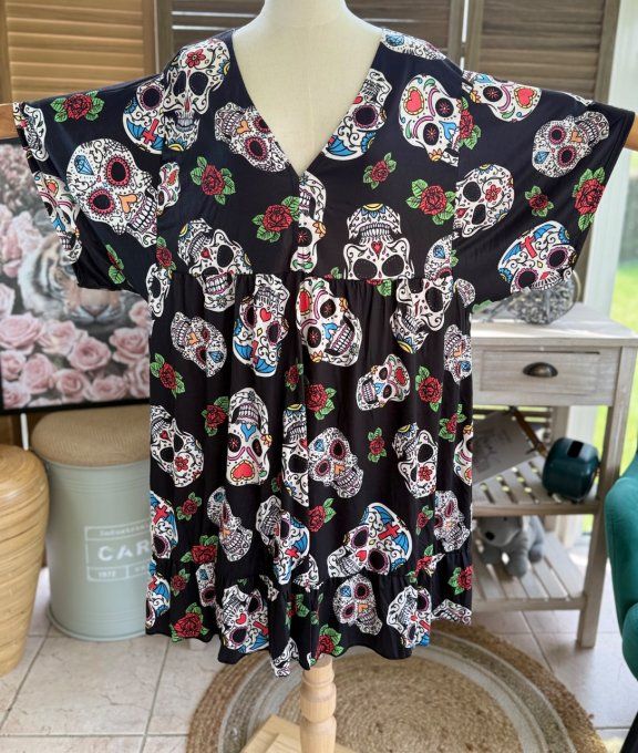 Robe trapèze courte noire Mexican Skulls Calaveras du 40 au 52  