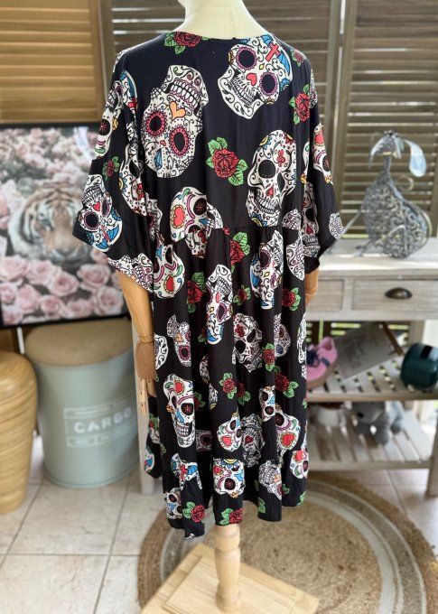 Robe trapèze courte noire Mexican Skulls Calaveras du 40 au 52  