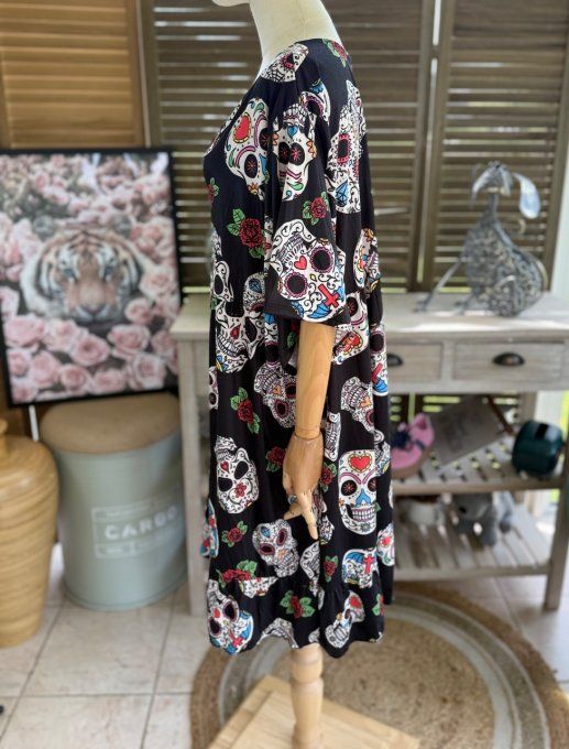 Robe trapèze courte noire Mexican Skulls Calaveras du 40 au 52  