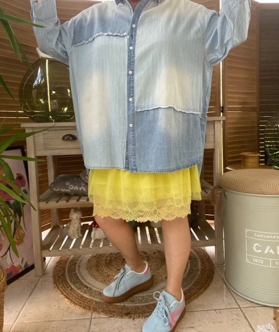 Chemise ample jeans stone délavé et rayée effet déstructuré strass argentés du 40 au 48/50