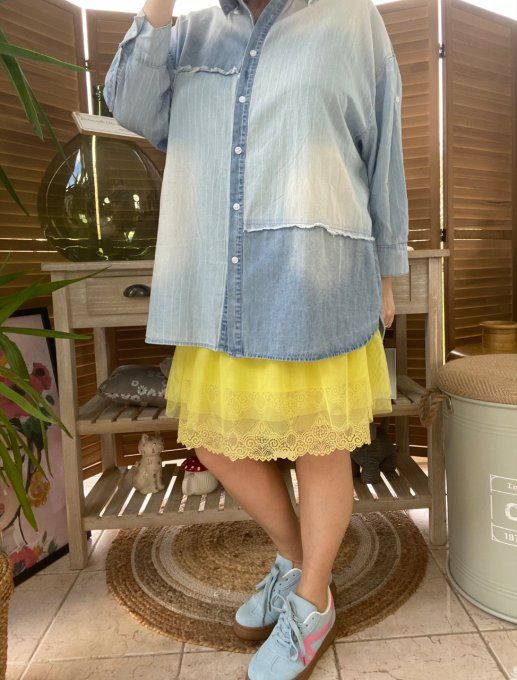 Chemise ample jeans stone délavé et rayée effet déstructuré strass argentés du 40 au 48/50