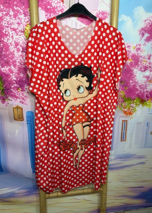 Robe droite oversize ou maxi-tunique lycra rouge pois blancs Betty Boop du 40 au 52