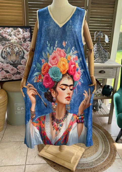 Robe longue effet jeans Frida Kahlo aux Fleurs lurex doré du 38 au 46/48 