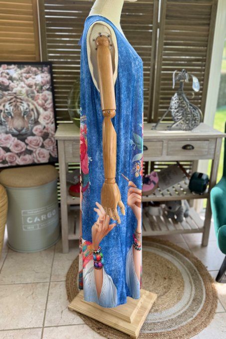 Robe longue effet jeans Frida Kahlo aux Fleurs lurex doré du 38 au 46/48 