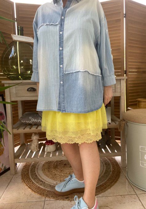 Chemise ample jeans stone délavé et rayée effet déstructuré strass argentés du 40 au 48/50