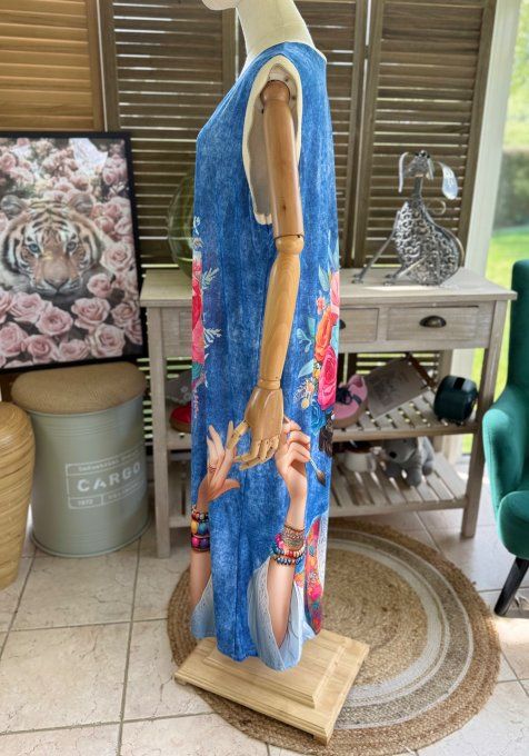 Robe longue effet jeans Frida Kahlo aux Fleurs lurex doré du 38 au 46/48 