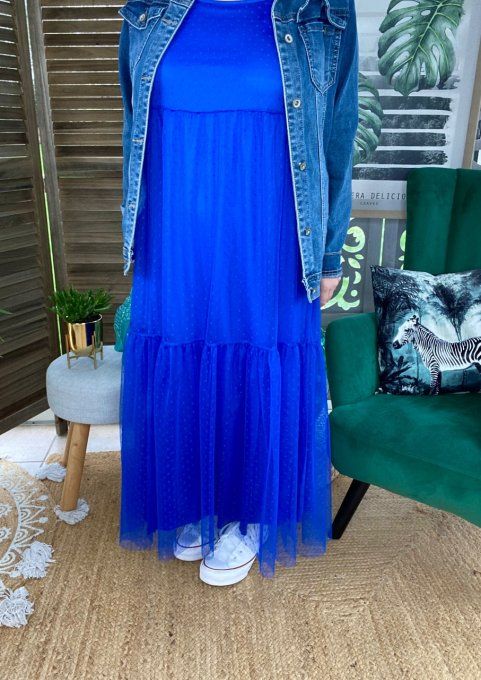 Fond de robe long tulle bleu électrique et plumetis  bretelles réglables du 38 au 46/48  