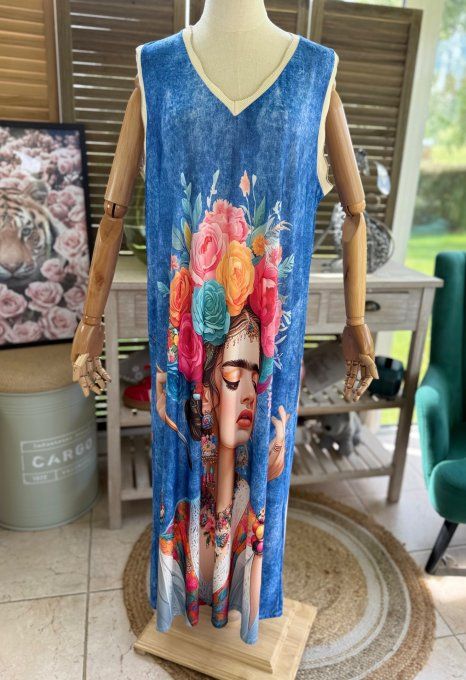 Robe longue effet jeans Frida Kahlo aux Fleurs lurex doré du 38 au 46/48 