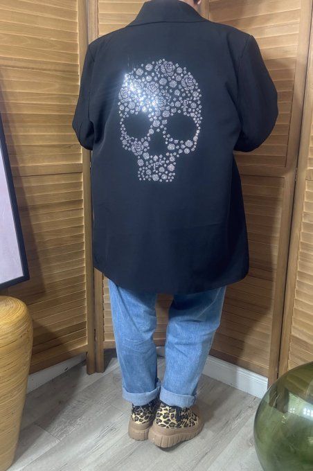 Veste blazer ample noire Mexican Skulls Calavera strass argentés du 42 au 50/52 et même + 