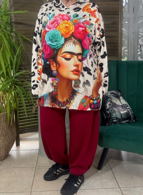 Sweat fin à capuche long blanc Frida Kahlo aux Fleurs du 40 au 52/54  