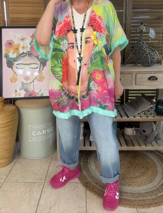 Kimono court voile multicolore Frida Kahlo Rebel & Skulls du 40 au 50/52 et même + 