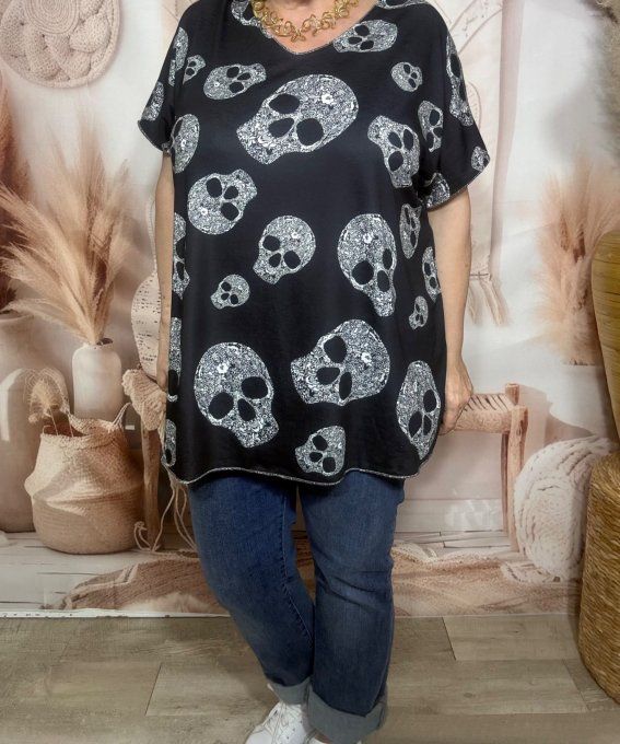 Top fin ample noir Skulls en fleurs crème All-over du 42 au 54/56