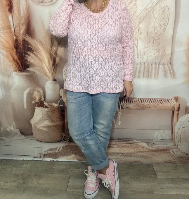 Top dentelle rose poudré Col arrondi manches longues confort +++ du 36 au 48 