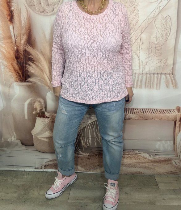 Top dentelle rose poudré Col arrondi manches longues confort +++ du 36 au 48 