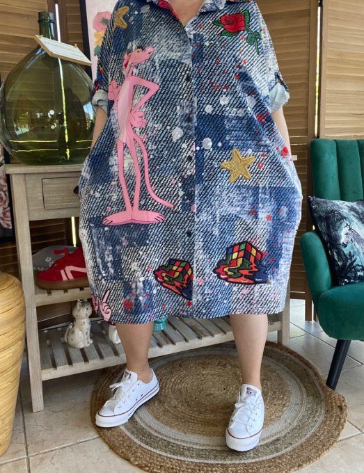 Robe chemise oversize effet jeans délavé La Panthère Rose du 42 au 52/54  