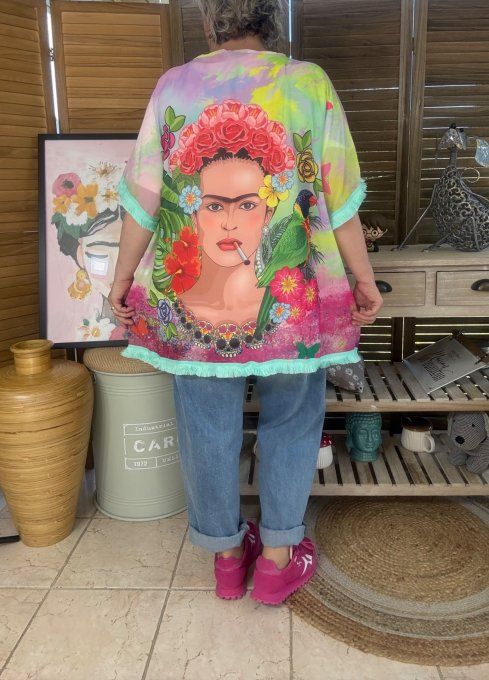 Kimono court voile multicolore Frida Kahlo Rebel & Skulls du 40 au 50/52 et même + 