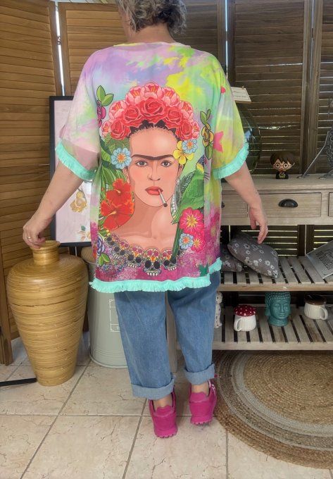 Kimono court voile multicolore Frida Kahlo Rebel & Skulls du 40 au 50/52 et même + 
