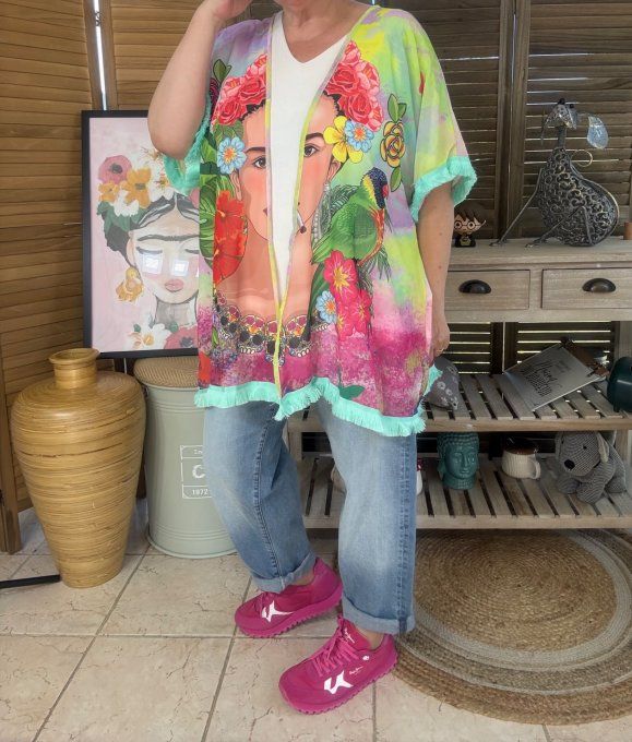 Kimono court voile multicolore Frida Kahlo Rebel & Skulls du 40 au 50/52 et même + 