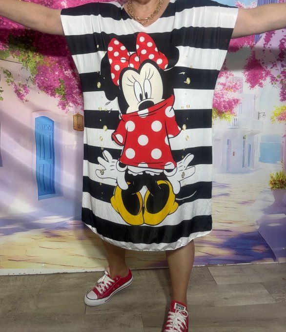 Robe droite oversize ou maxi-tunique lycra noir rayé blanc Minnie Mouse Disney du 40 au 52 