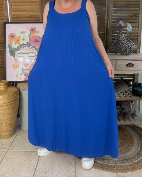 Robe trapèze longue à bretelles larges bleu royal côtelée du 40 au au 52/54 