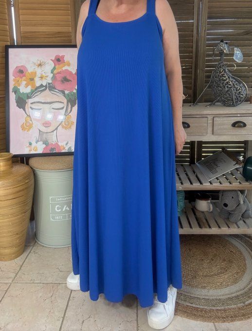 Robe trapèze longue à bretelles larges bleu royal côtelée du 40 au au 52/54 