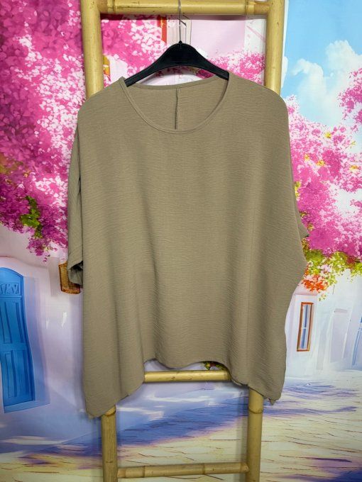 Ensemble tunique ample taupe + pantalon palazzo cuisses larges crème taupe du 40 au 48