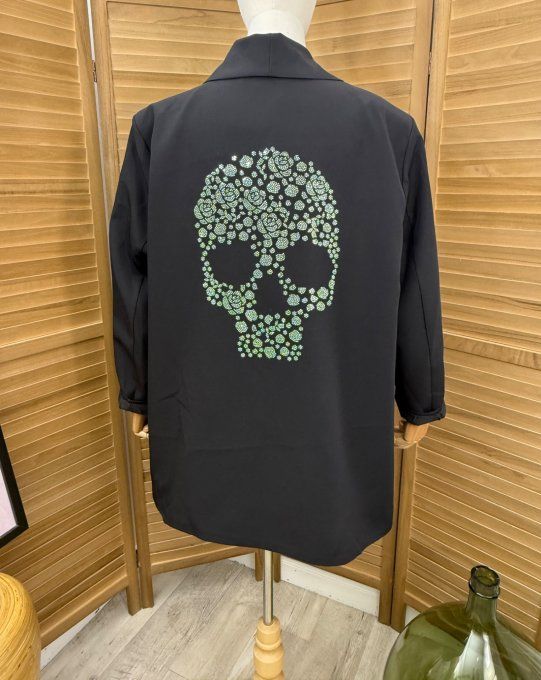 Veste blazer ample noire Mexican Skulls Calavera strass argentés du 42 au 50/52 et même + 