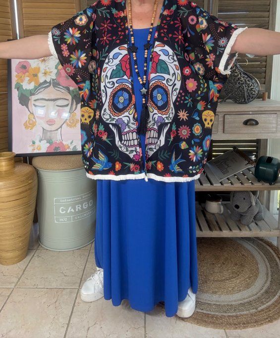 Kimono court voile noir Mexican Skulls Calavera du 40 au 50/52 et même +  
