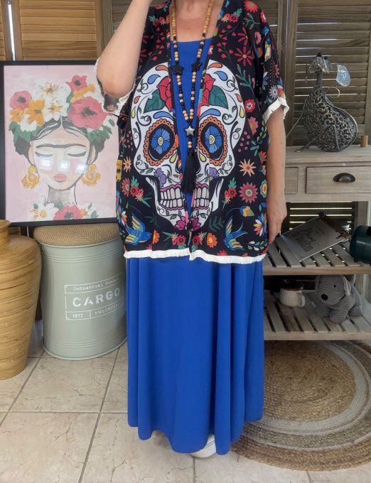 Kimono court voile noir Mexican Skulls Calavera du 40 au 50/52 et même +  