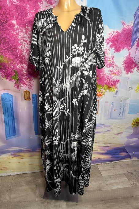 Robe trapèze longue Lycra noire Le Printemps Blanc Fleurs Arbres Feuilles du 42 au 54  
