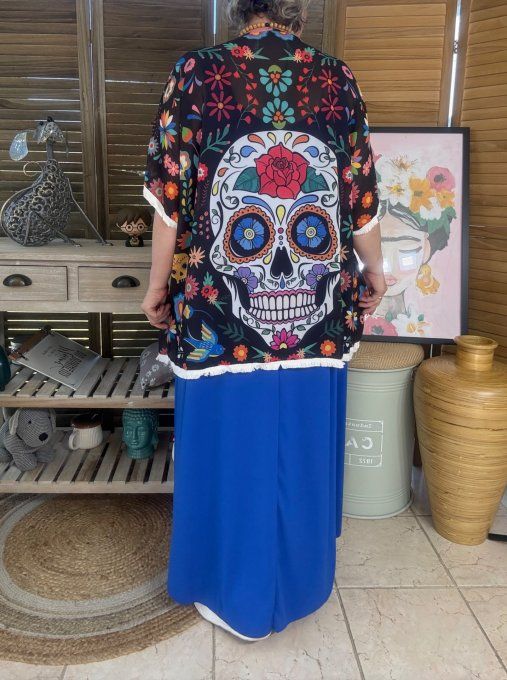 Kimono court voile noir Mexican Skulls Calavera du 40 au 50/52 et même +  