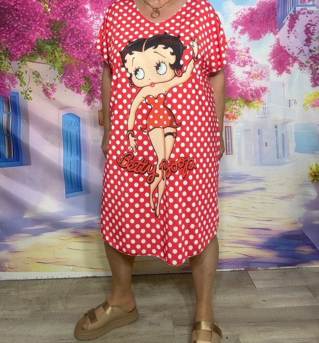Robe droite oversize ou maxi-tunique lycra rouge pois blancs Betty Boop du 40 au 52